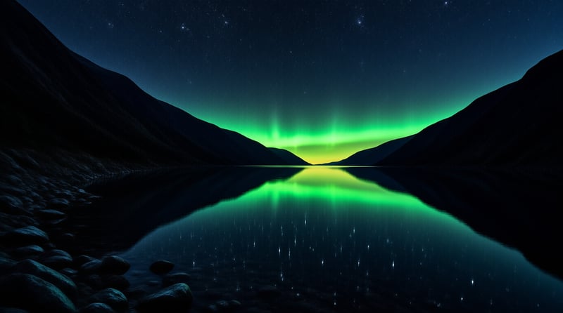 A green aurora arc mirrors itself in still black water framed by dark slopes scattered with faint stars
