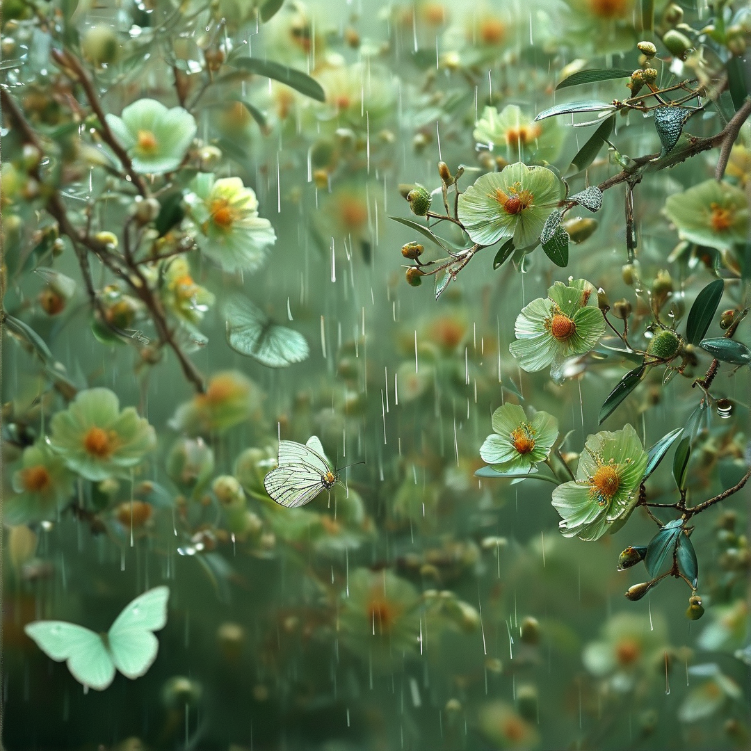 Pale green butterflies fly near open flowers with orange centers while rain streaks fall through the foliage.