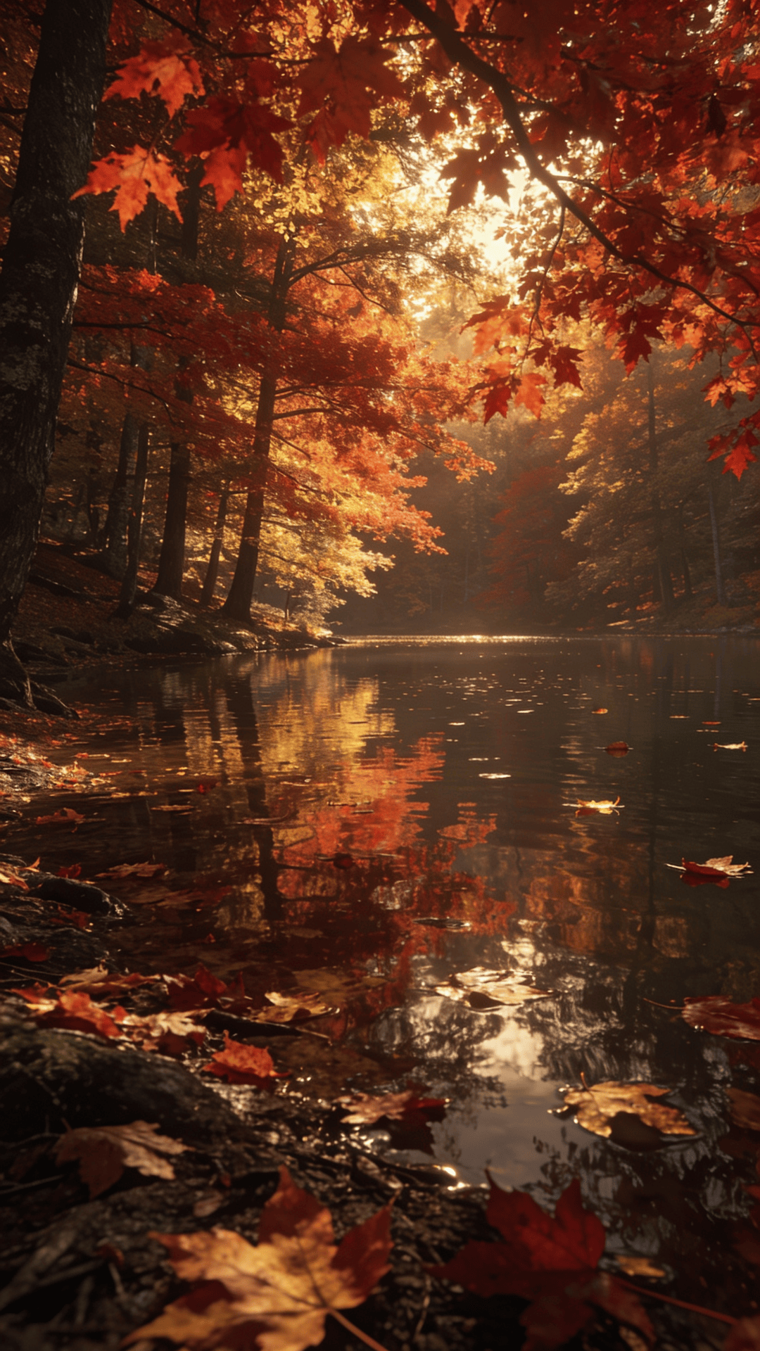 Red Maple Canopy Over a Calm Lake