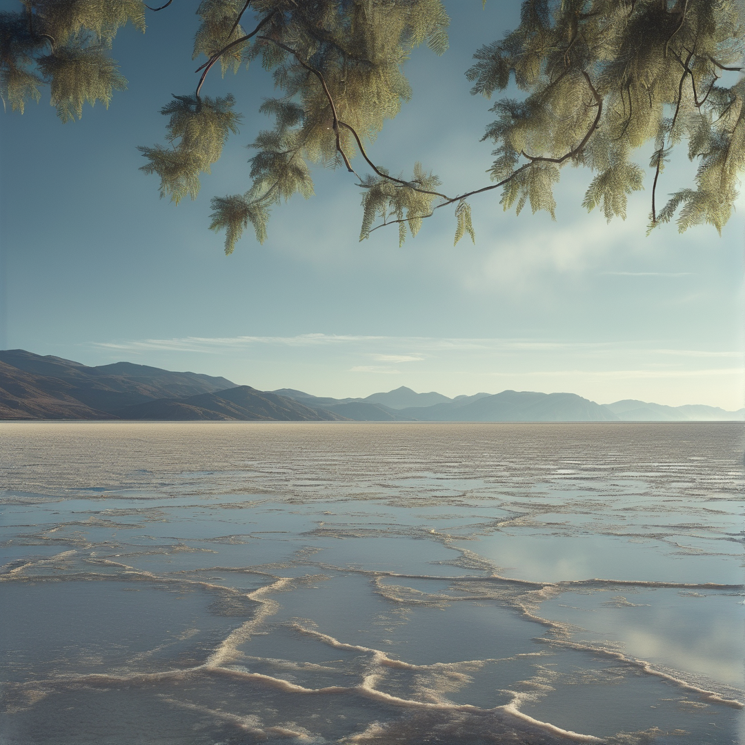 A dry salt flat with shallow water channels stretches to distant mountains beneath pale morning sky framed by hanging tree branches.