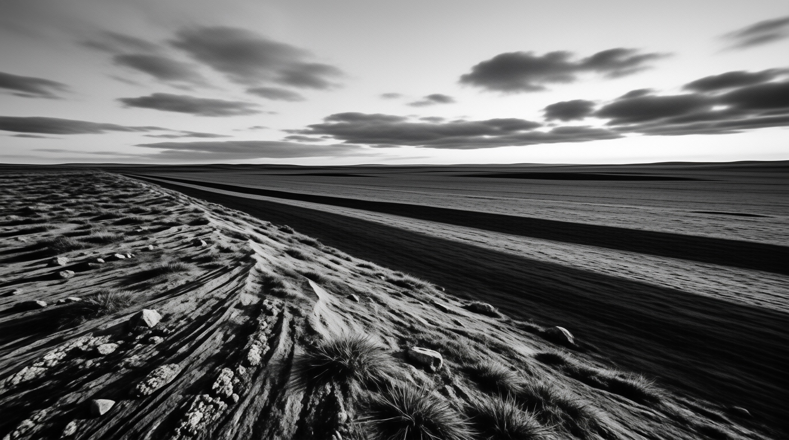 A rough dirt track winds through a vast grassy plain under a dramatic cloudy sky in black and white.