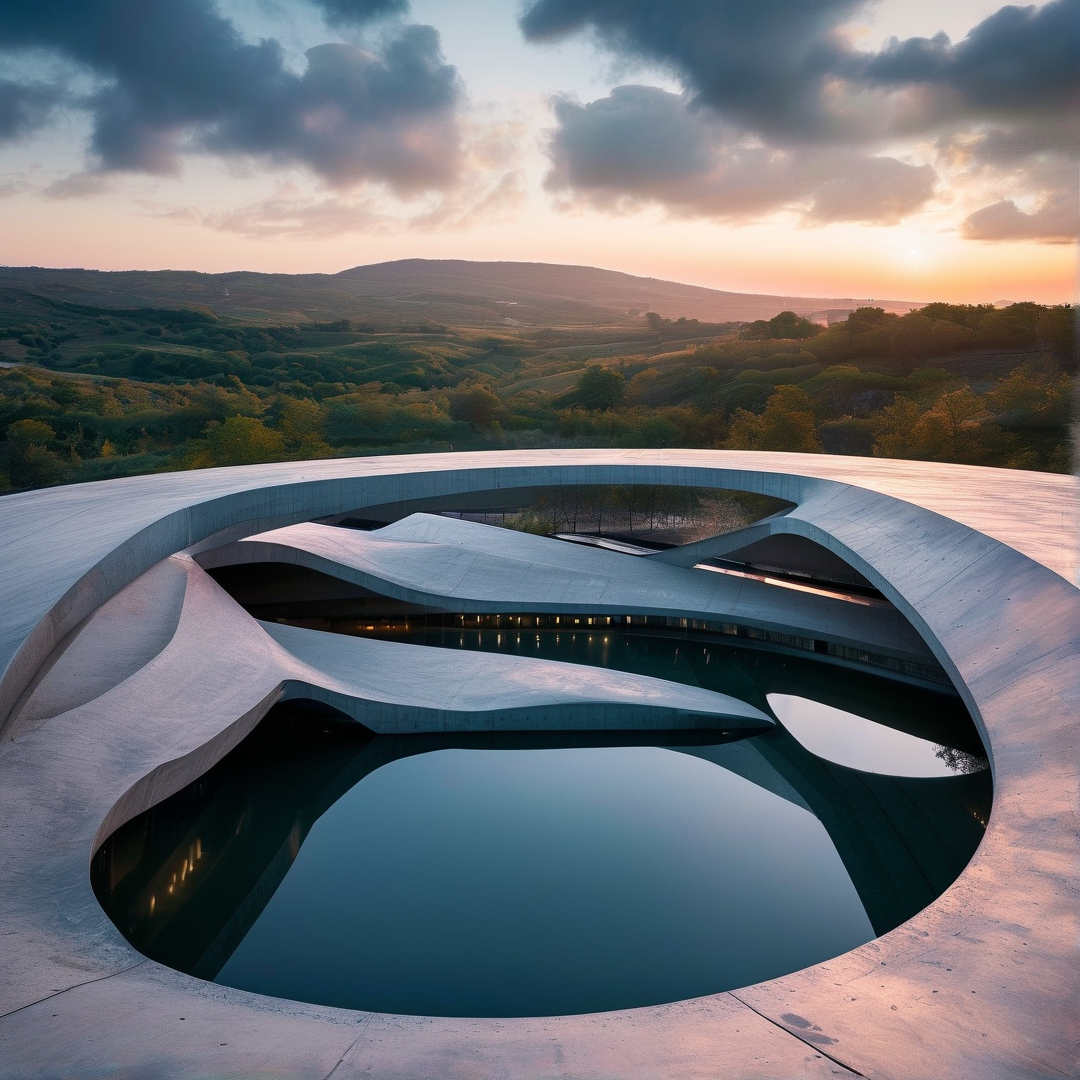A large white structure with curving walls rests among rolling green hills under a cloudy sky.