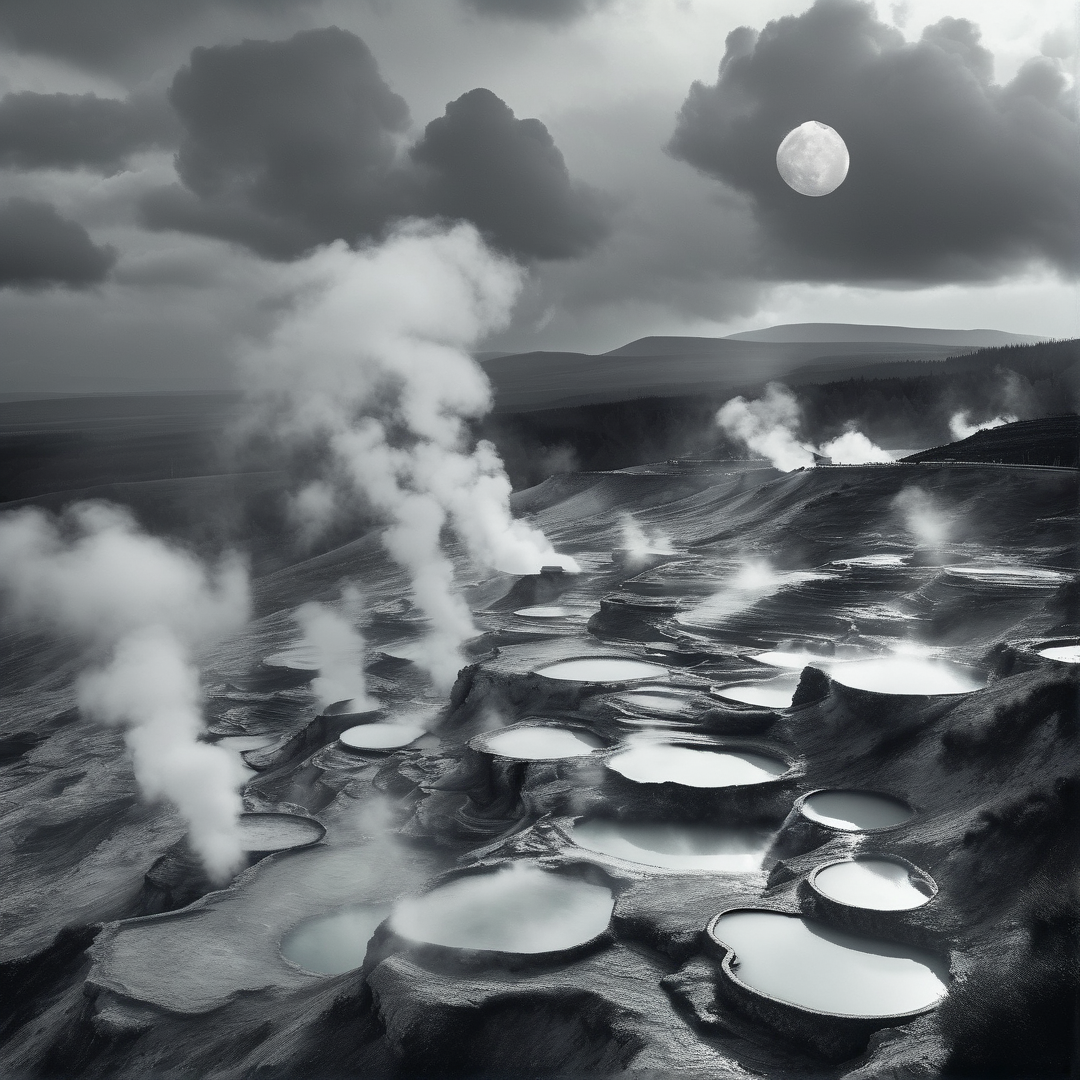 Steaming pools scattered across rugged terrain under a cloudy sky with a visible moon in the upper right.