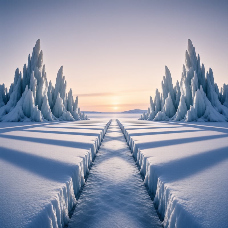 A long snow covered pathway stretches toward the horizon under a soft sunrise sky flanked by jagged blue ice formations.