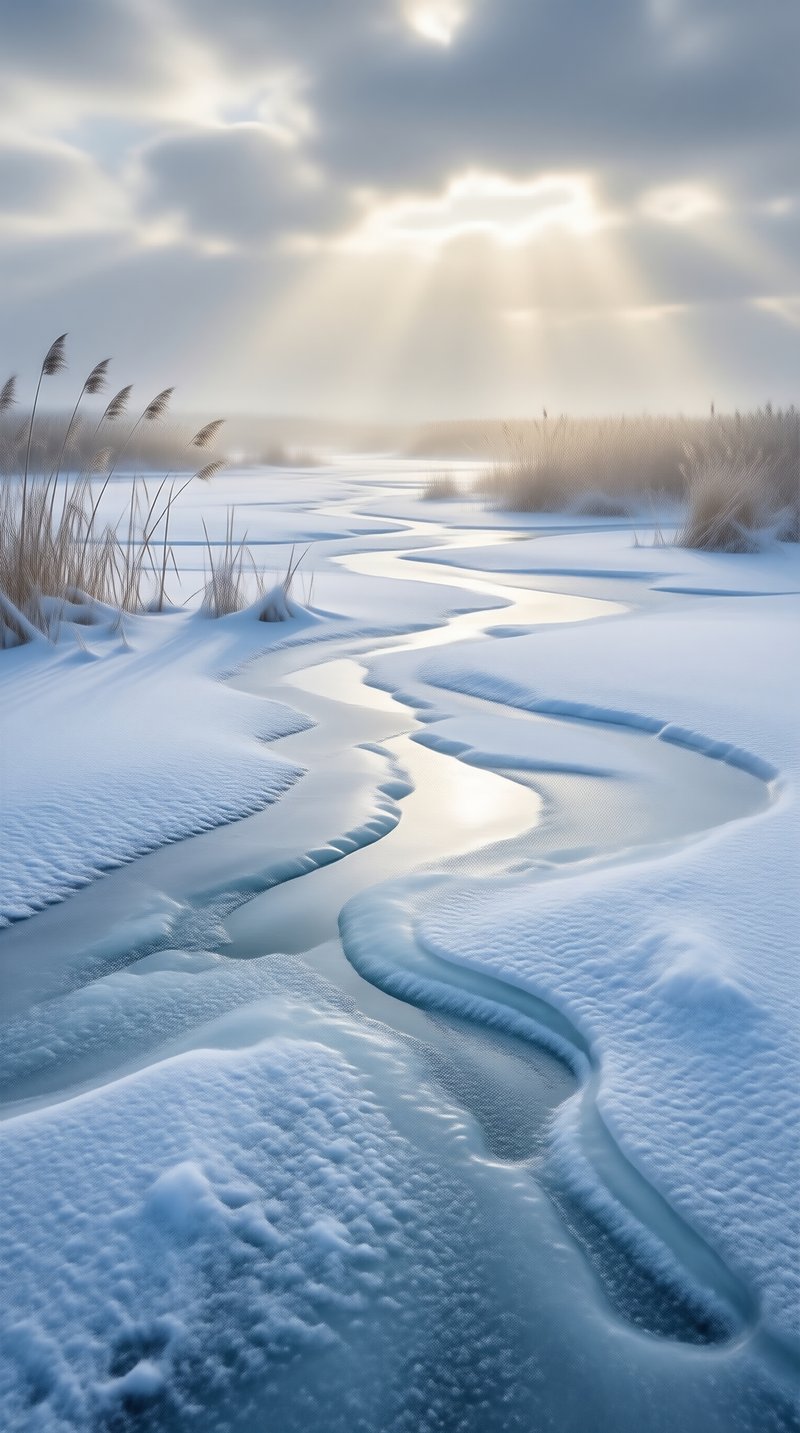 Winding Stream in Winter Snow