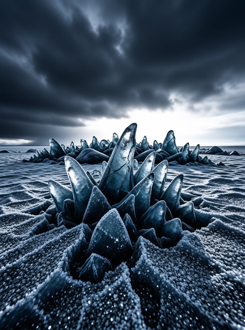 Sharp translucent ice formations rise from a frost-covered expanse beneath a heavy overcast sky with cool blue lighting.