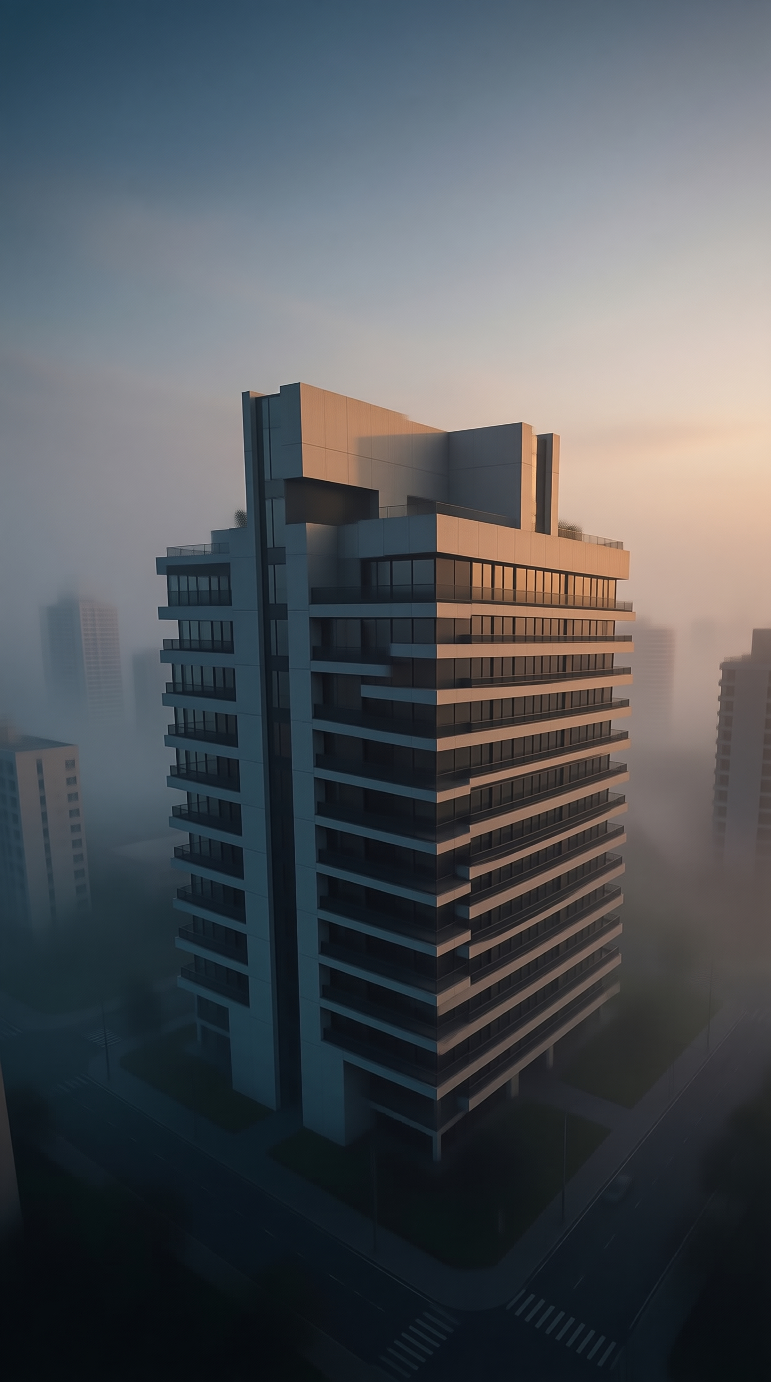 Modern Tower in Foggy City