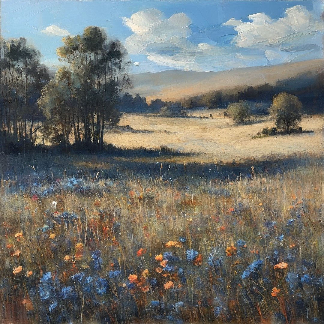 This oil painting depicts a sunlit meadow scattered with blue and orange flowers near tall trees and hazy mountains.