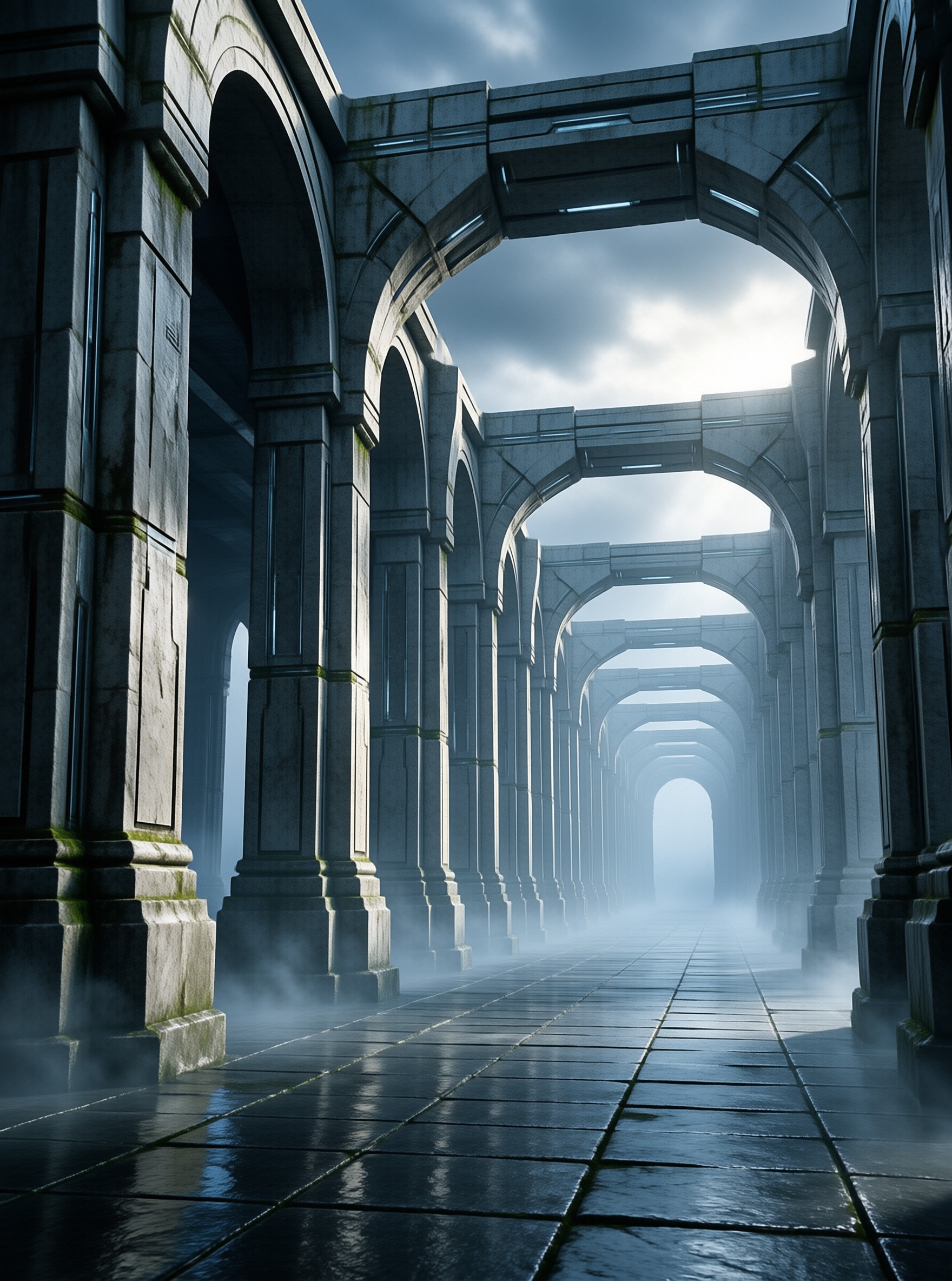 A long symmetrical sequence of weathered grey stone arches recedes into soft blue fog under an overcast bright sky.