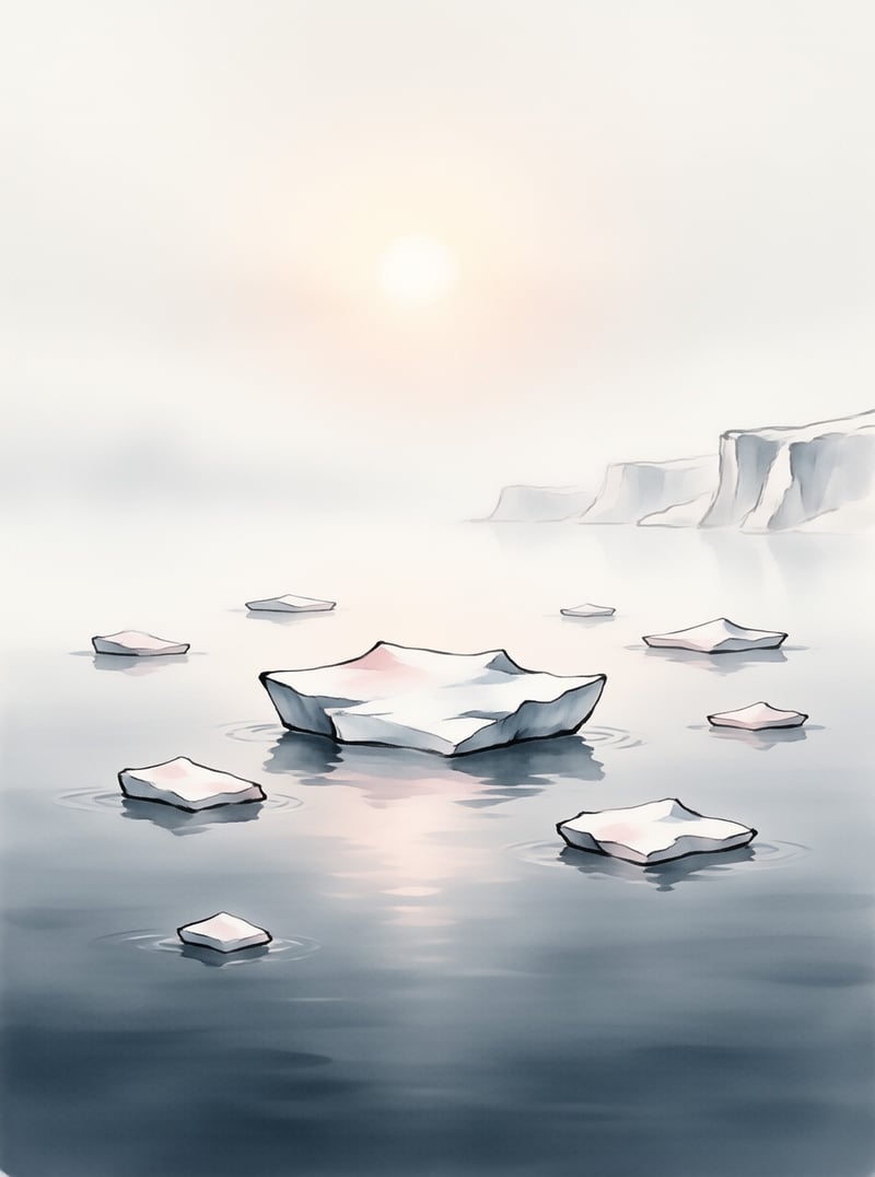 Loose ink outlines and pale washes depict flat ice floes resting on still water beneath a hazy winter sun.