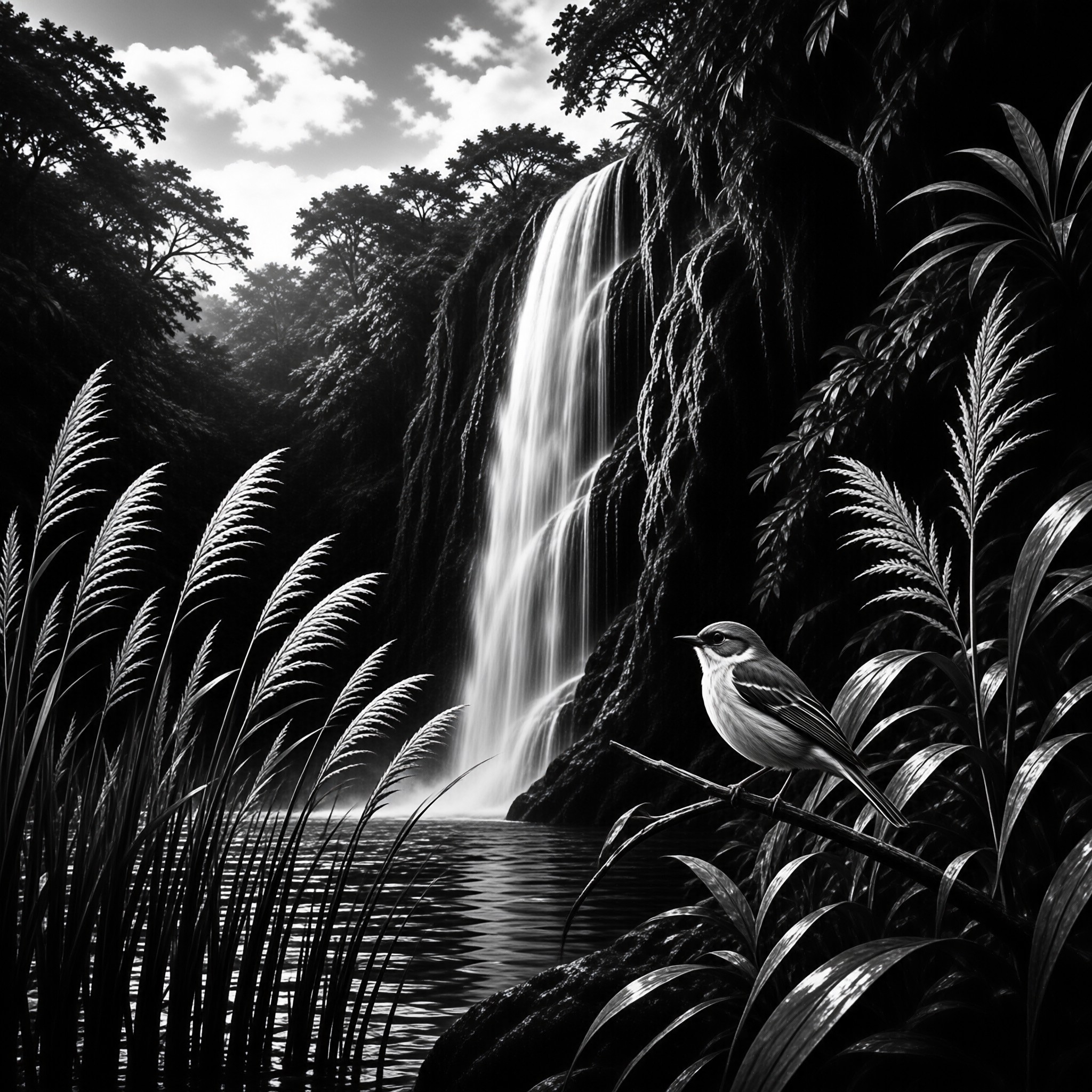 A small bird sits on a branch in the foreground as a bright waterfall flows down a dark cliff behind tall grasses.