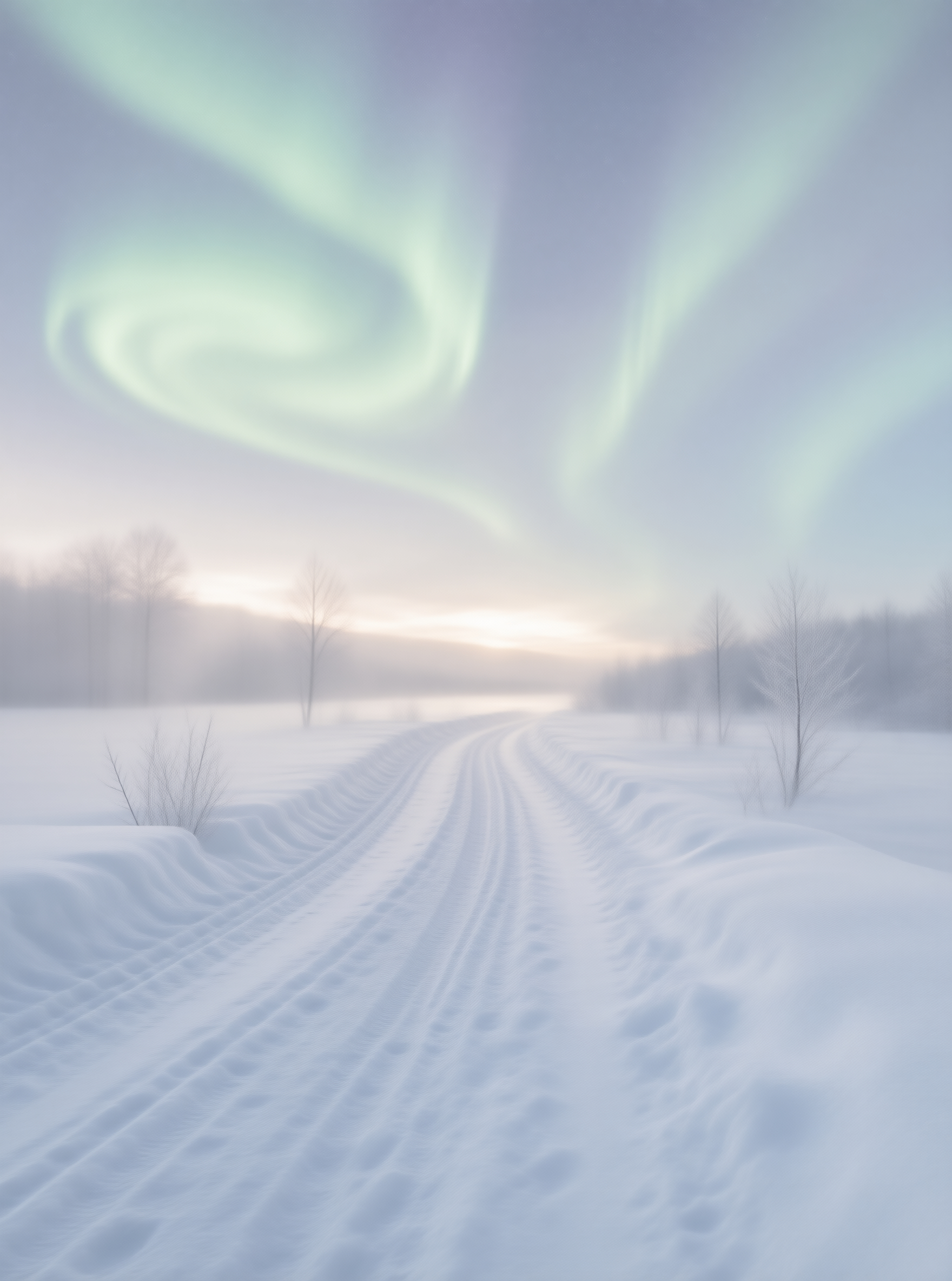 Aurora Borealis Over Snowy Path