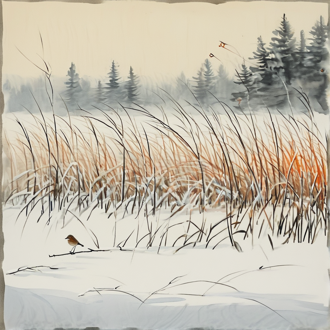 A small brown sparrow sits on a thin twig in a snow blanketed marsh, with golden dry reeds and soft blurred distant pine trees under a pale grey sky.