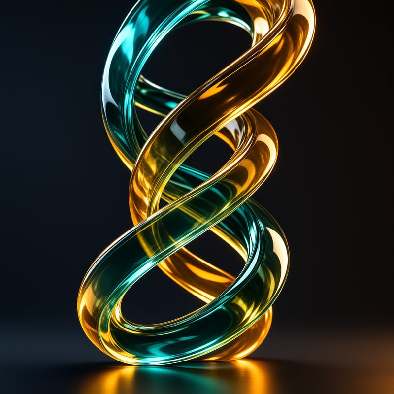 Highly reflective gold and teal torus rings intertwine in a dark setting.