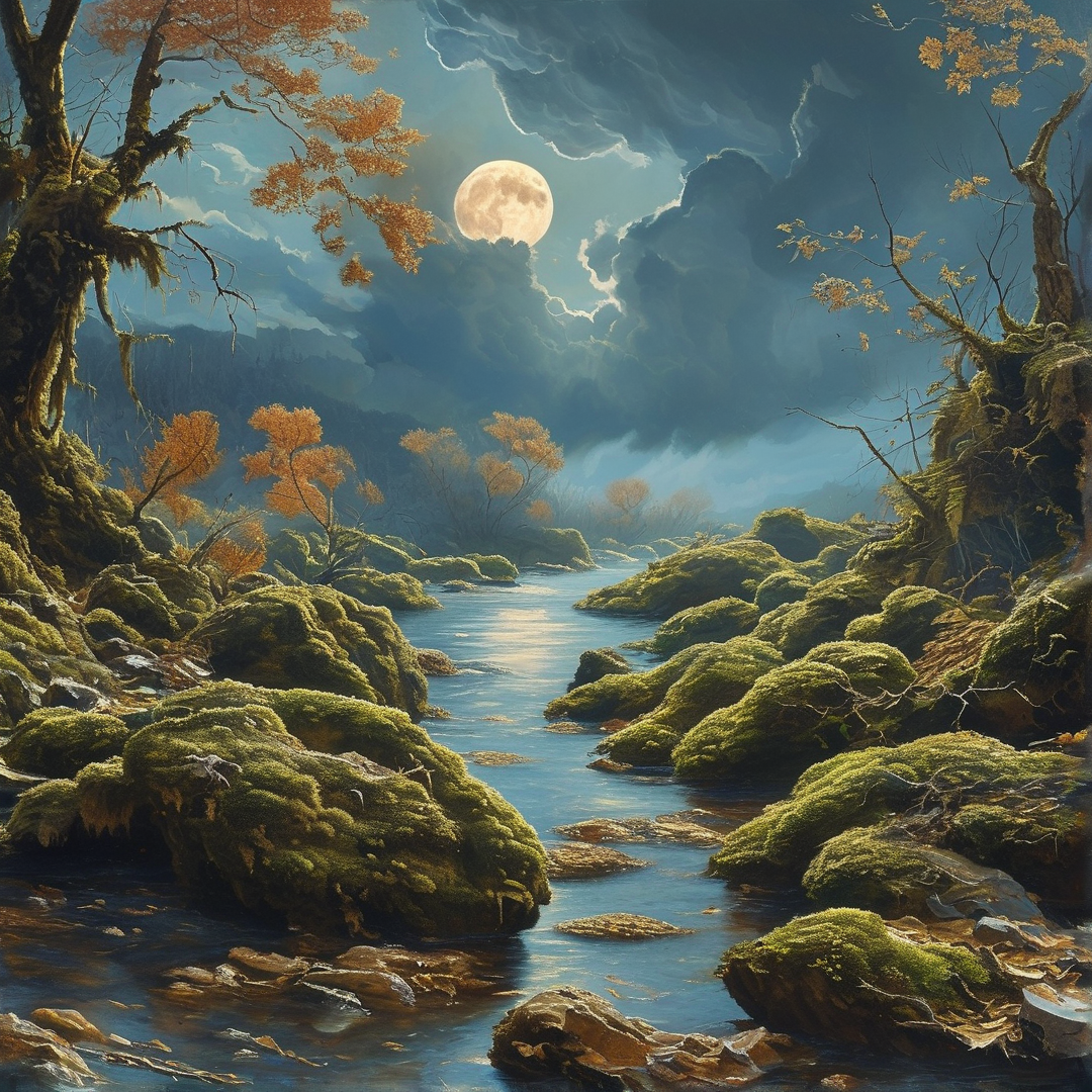 Moonlit Mossy River Scene