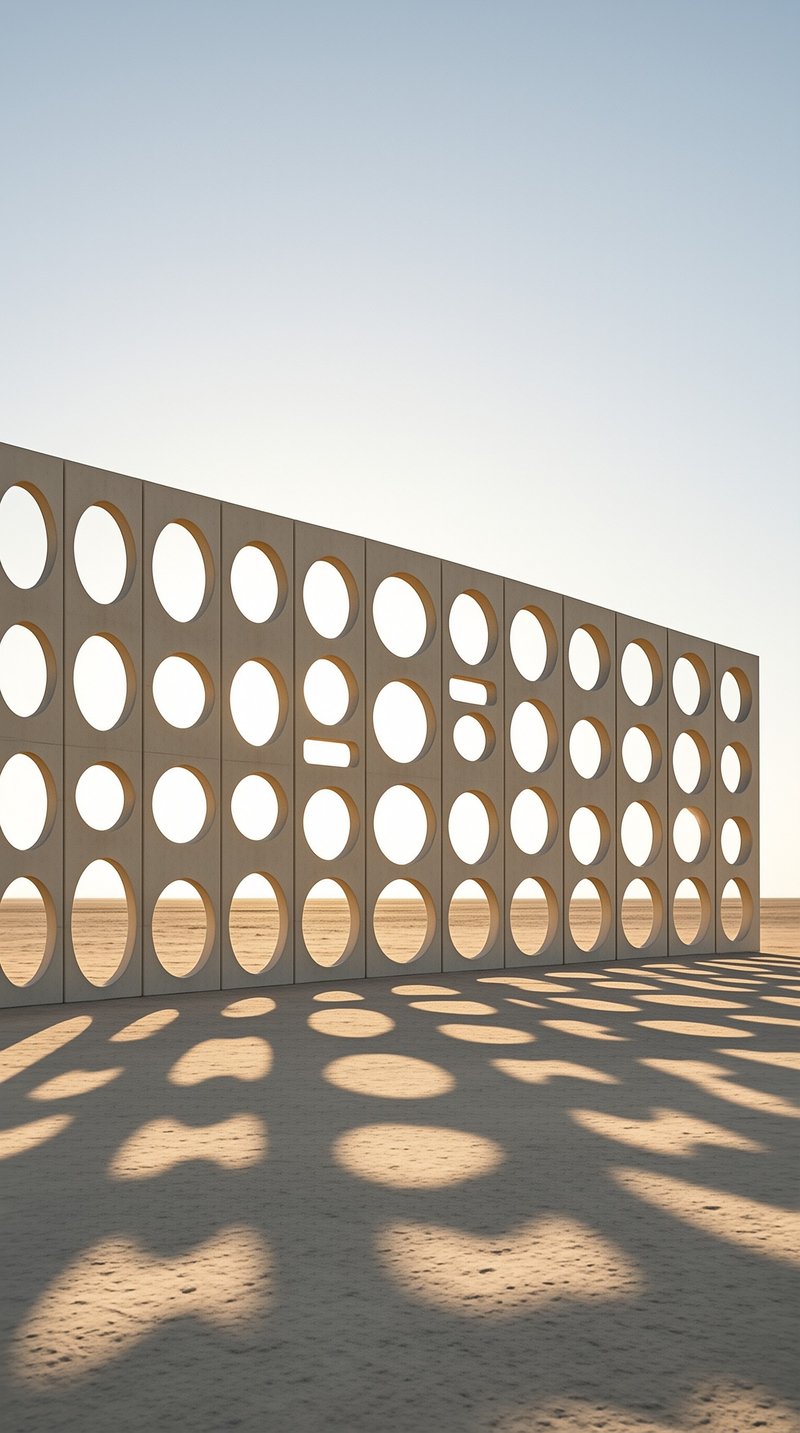 A long perforated wall stands in a desert landscape, casting bright circular light patterns across the sand.
