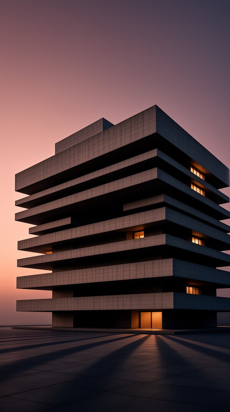 A geometric concrete building with stacked levels glows warmly against a fading purple sky at dusk.