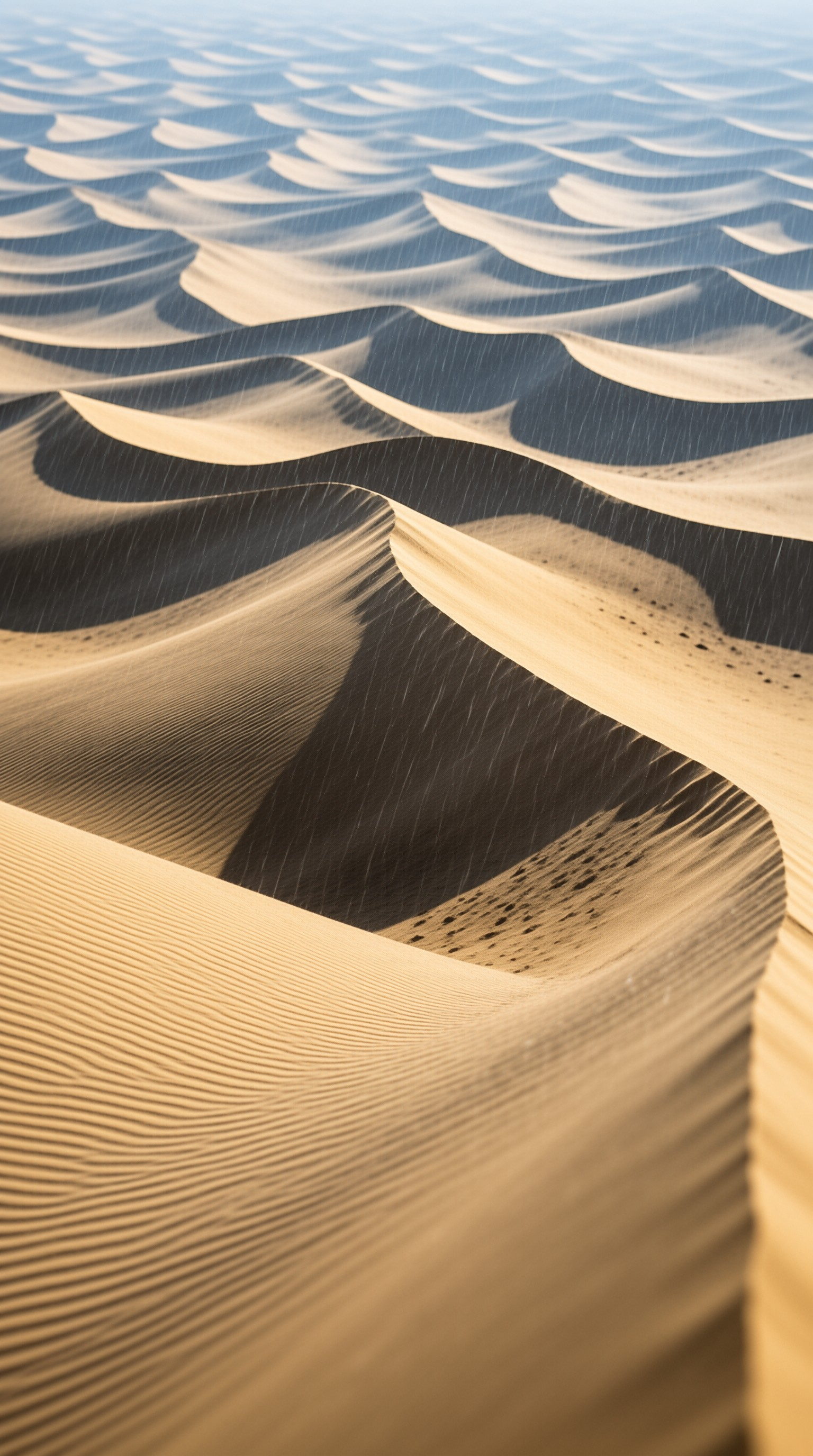 Rippling sand dunes stretch into the distance with sharp ridges and deep shadows highlighting the grainy texture under directional light
