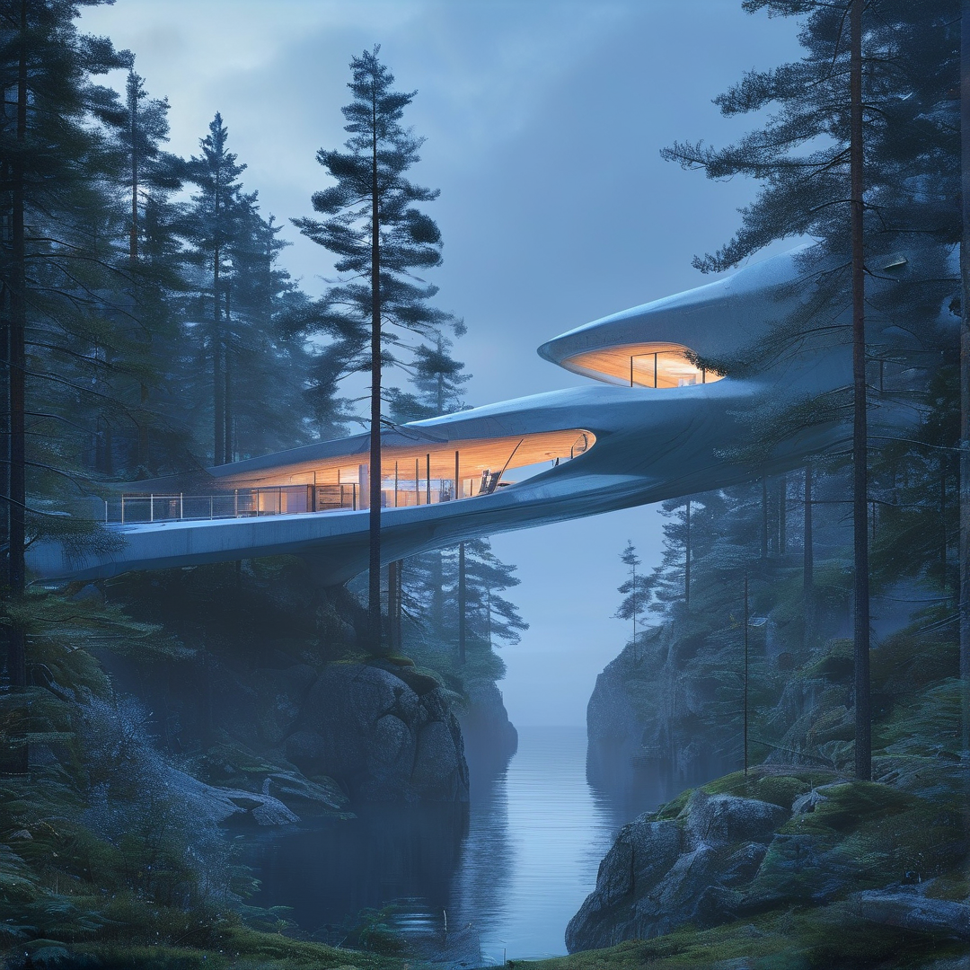 A glowing white structure bridges a misty river gorge amidst tall dark pine trees during cool blue hour.
