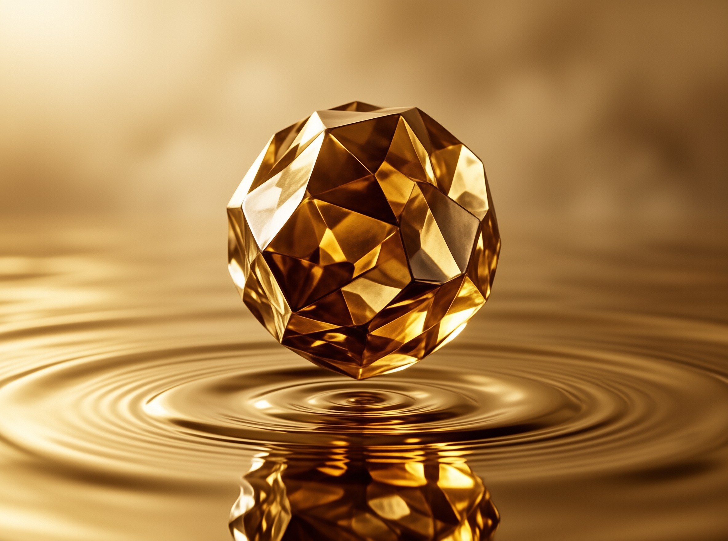 A glossy faceted amber gemstone hovers just above a smooth rippling reflective golden liquid surface with warm soft light.