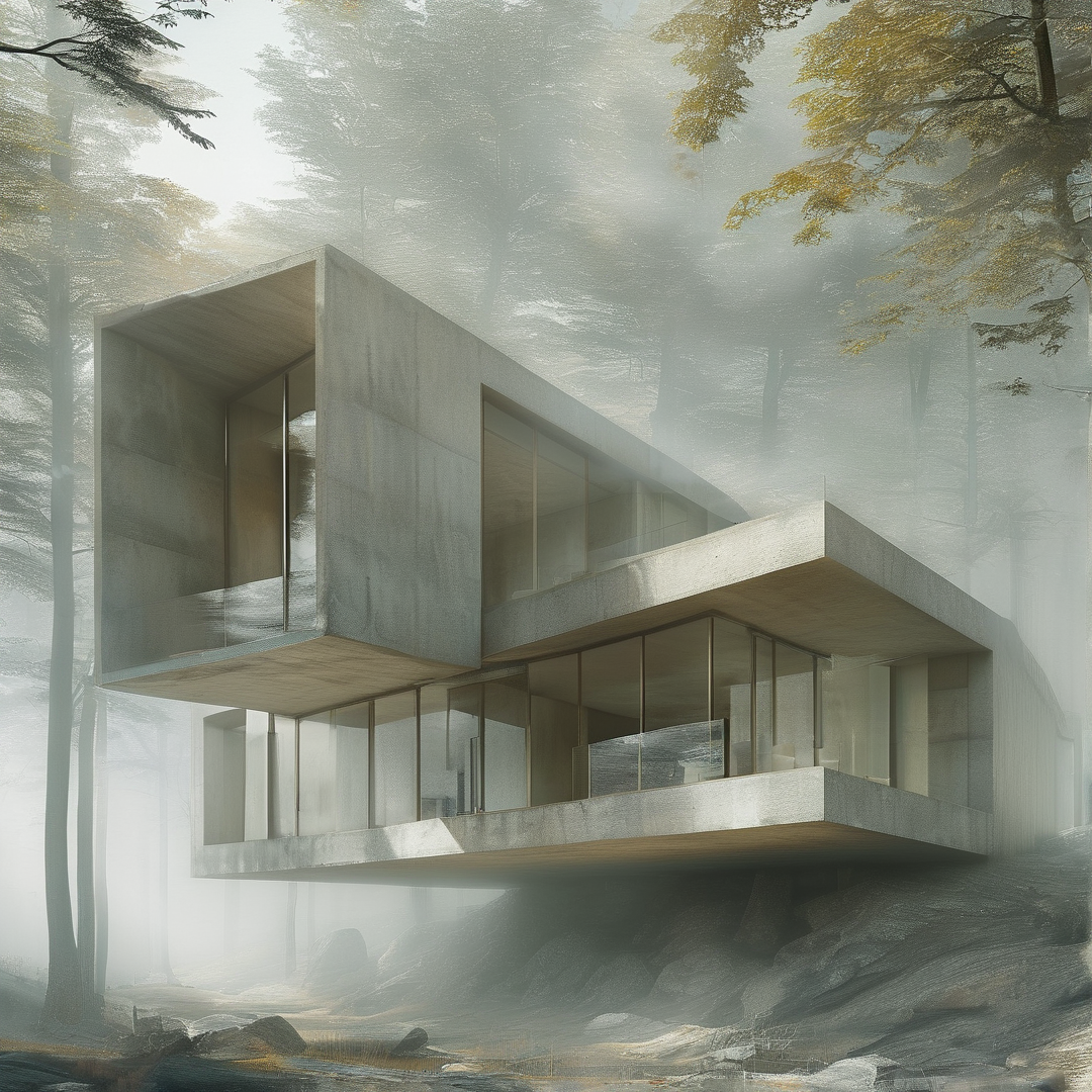 A geometric concrete building with expansive windows sits among tall trees in a thick, white forest fog.