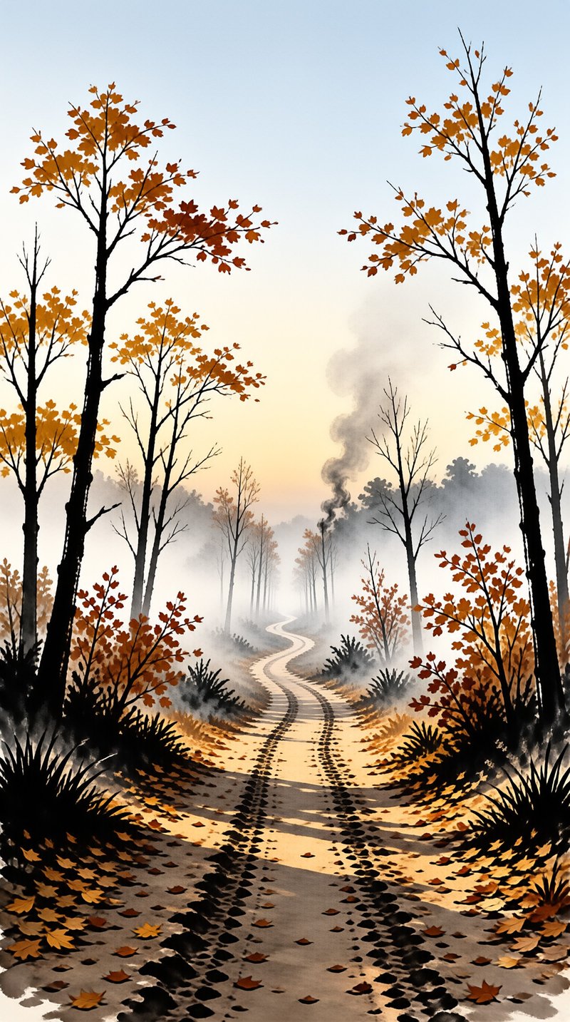 A winding path with tire tracks leads through a misty forest filled with trees bearing orange autumn leaves.