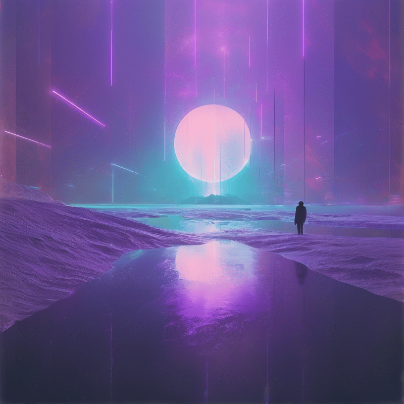 A single person stands on a rippled landscape gazing at a massive glowing sphere in a violet sky