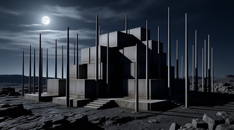 A large concrete architectural structure with tall vertical poles stands on rocky ground beneath a full moon at night.