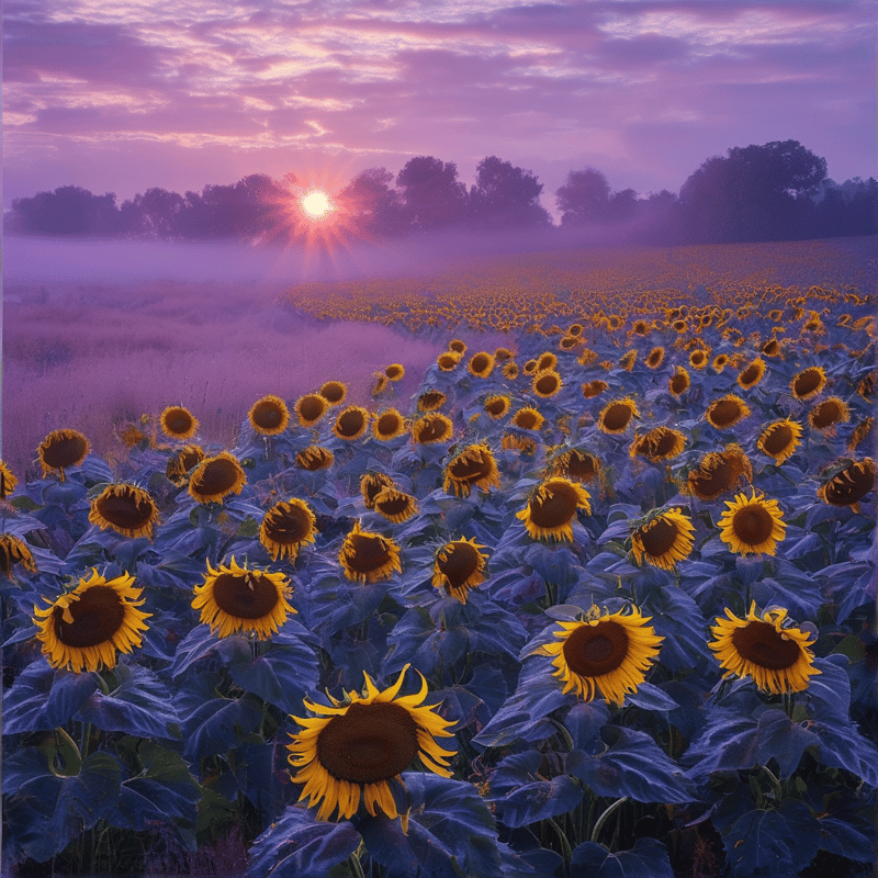 A vast field of yellow sunflowers stretches towards the horizon where the sun rises through a foggy purple landscape.