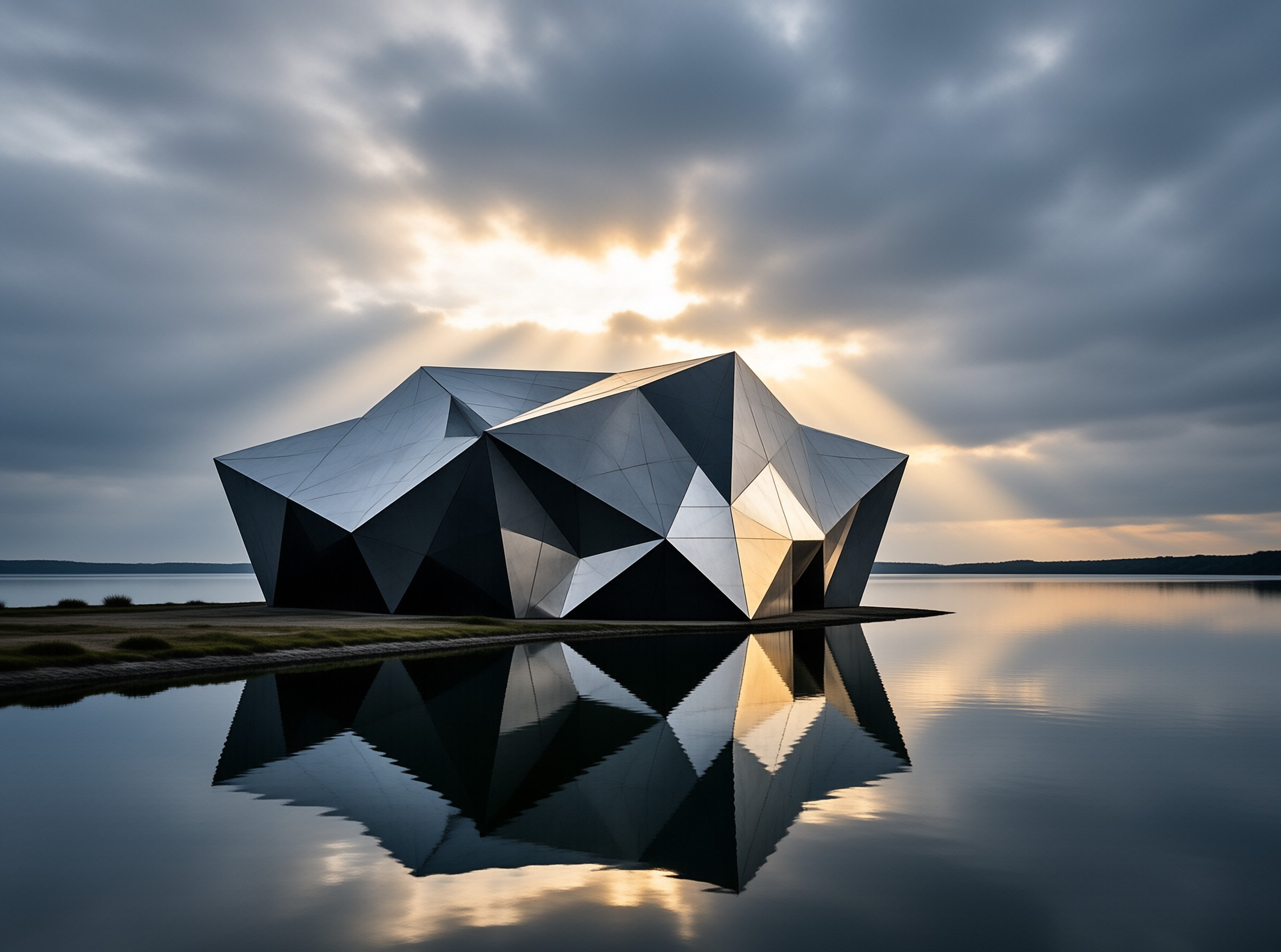 Geometric Building at Sunset