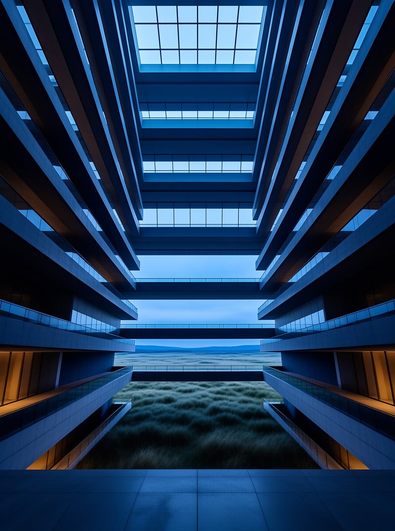 Symmetrical modern building interior with stacked balconies opening onto a grassland under deep blue evening light