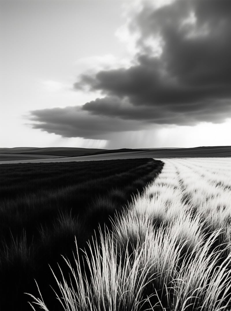 Black and white landscape featuring dramatic dark clouds looming over rolling fields and tall grass in the foreground.