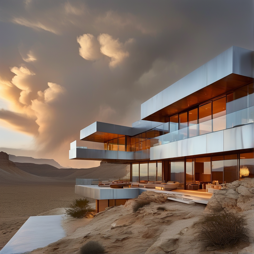 A multi-story glass building overlooks a rocky desert landscape beneath a dramatic sky filled with lit clouds.