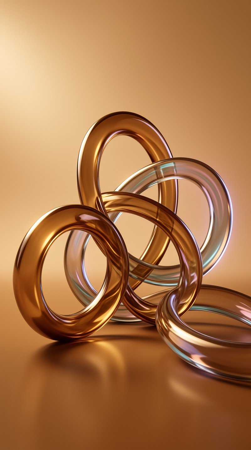 Several glossy translucent amber and clear glass rings overlap against a soft tan gradient.