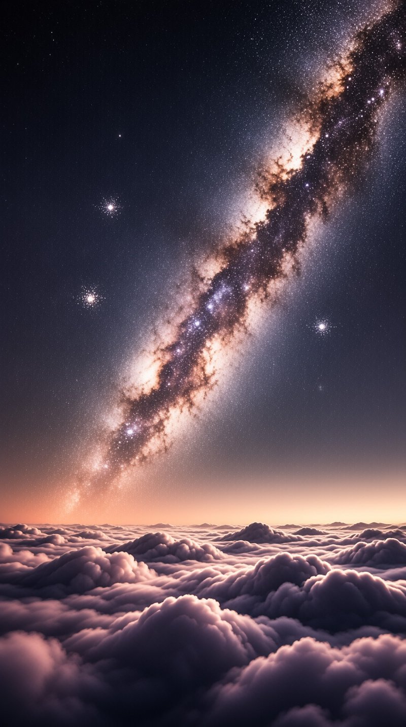 Bright Milky Way galaxy cuts diagonally across a starry sky above thick purple clouds illuminated by dawn light.