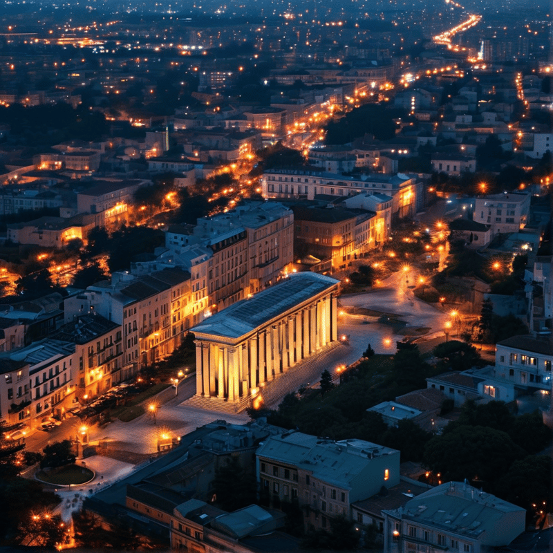 A brightly lit columned structure dominates a sprawling urban landscape filled with warm streetlights and dark trees.