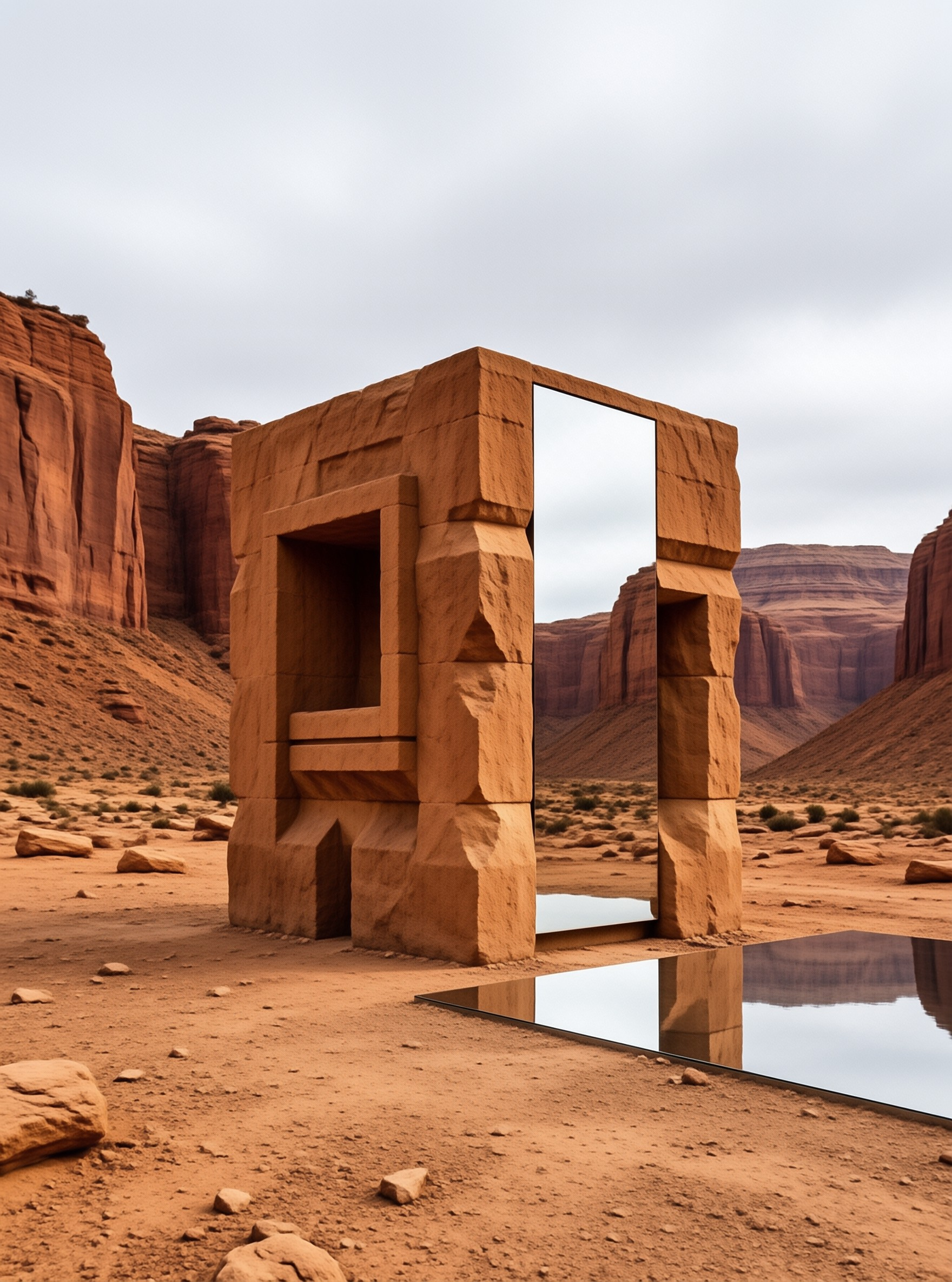 A large geometric stone structure stands in a red desert canyon, reflecting the sky and landscape in a pool of water.