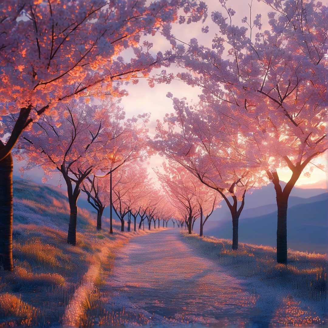 Cherry Blossom Path at Sunset