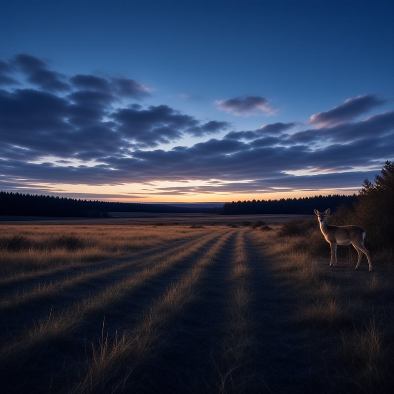 A lone deer pauses at the edge of a grassy field as the last light fades under a deep blue evening sky.