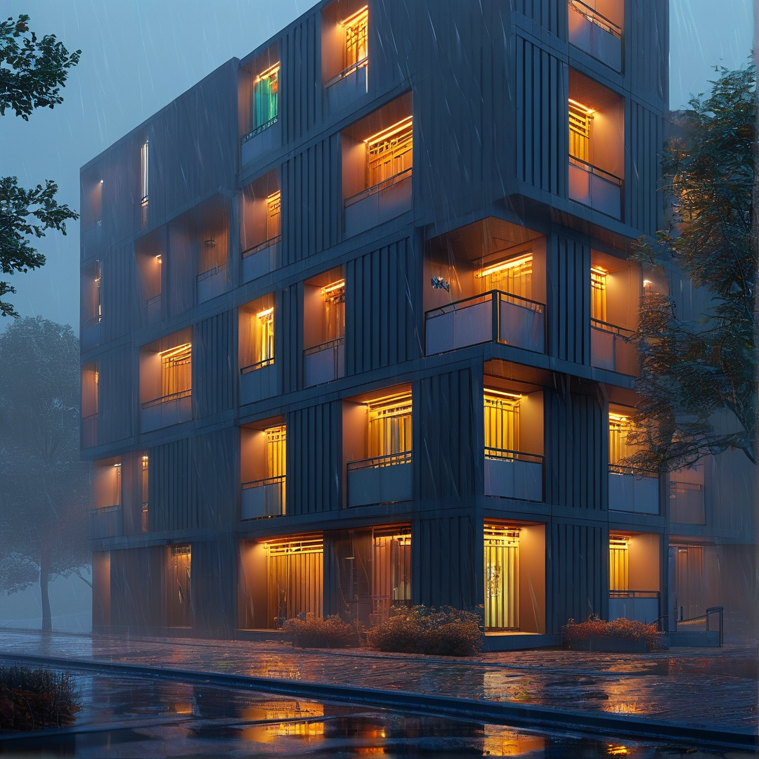 Modern Building in Rain