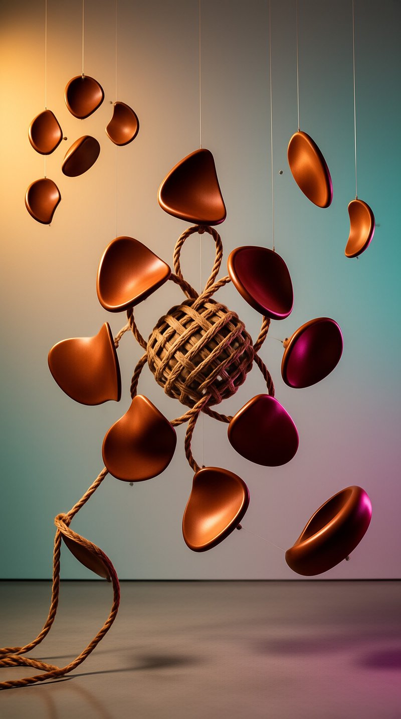 Sculptural copper leaf forms suspended around a braided rope ball against a warm-to-cool gradient