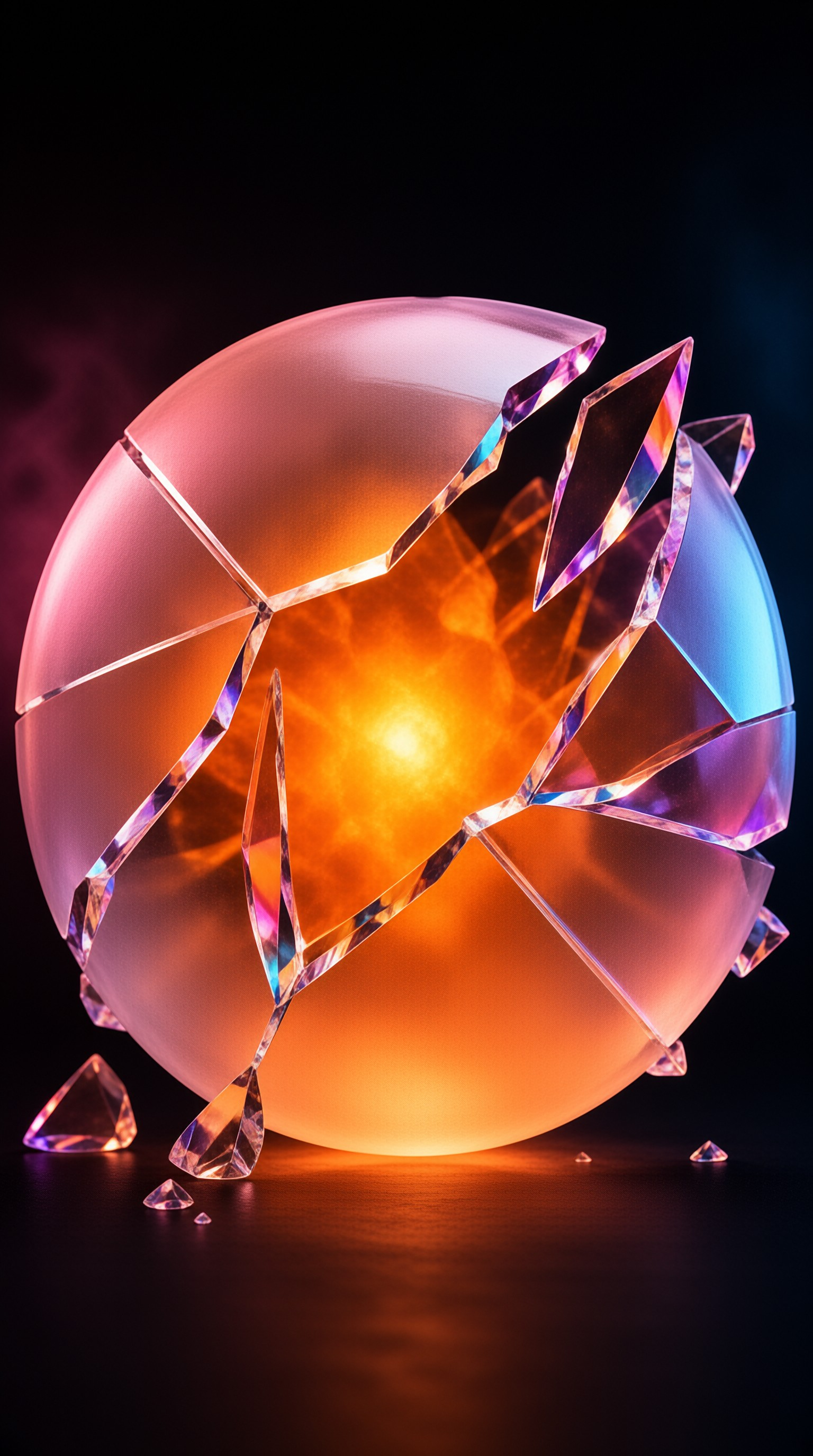 A translucent glass sphere cracked open to reveal a bright orange core glowing against a dark background.