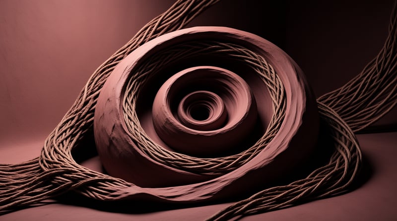 A three-dimensional abstract spiral forms a central focal point surrounded by thick braided ropes and dramatic pink lighting.