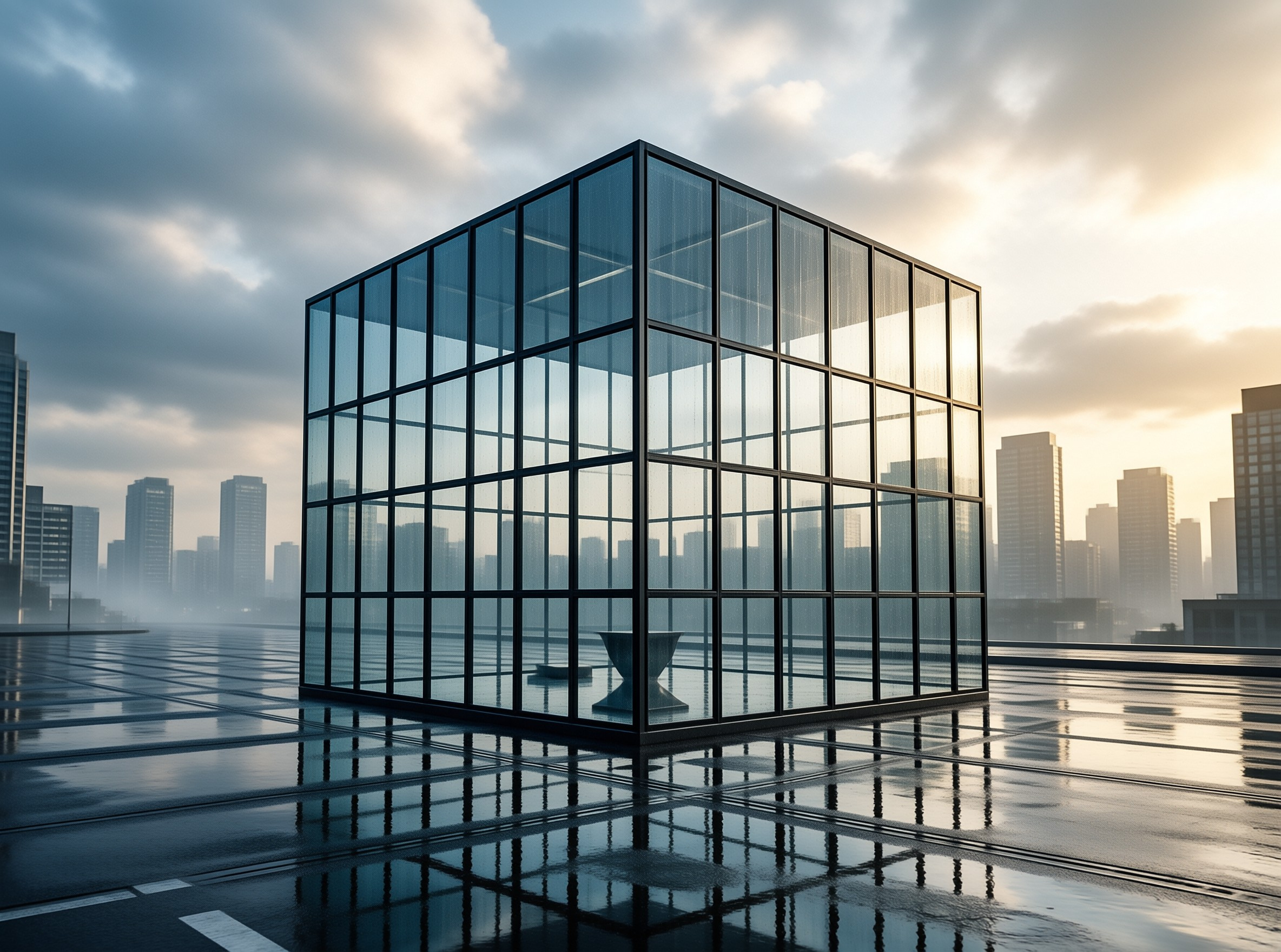 A transparent cubic structure of steel mullions sits on a wet reflective floor with a foggy skyline behind it.