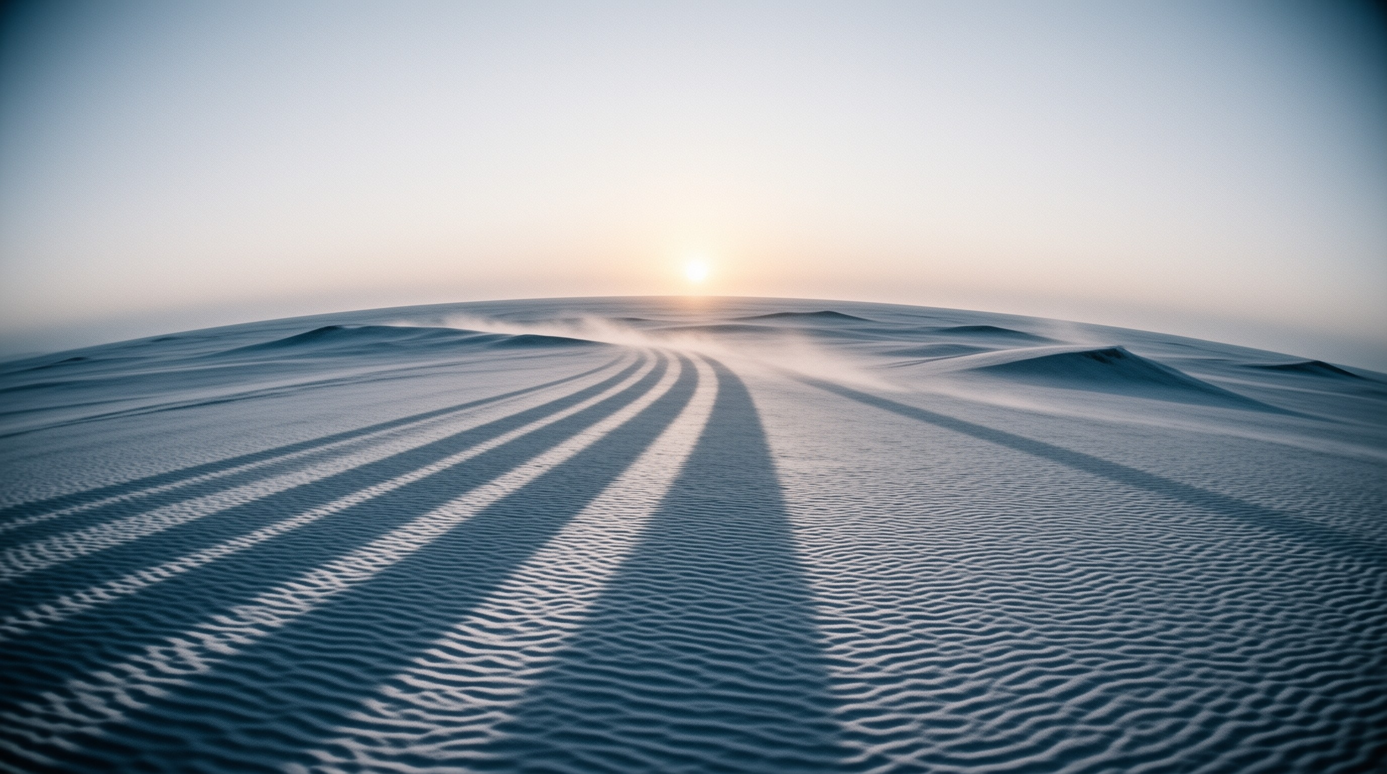 A wide view of desert sand showing wave-like textures created by wind while a low sun glows on the distant horizon.