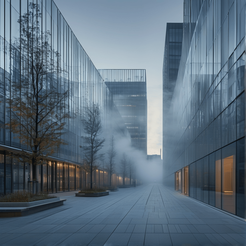 A wide paved walkway stretches between tall glass office buildings where low lying fog obscures the distant structures while warm interior lights glow through the lower windows on both sides during twilight.