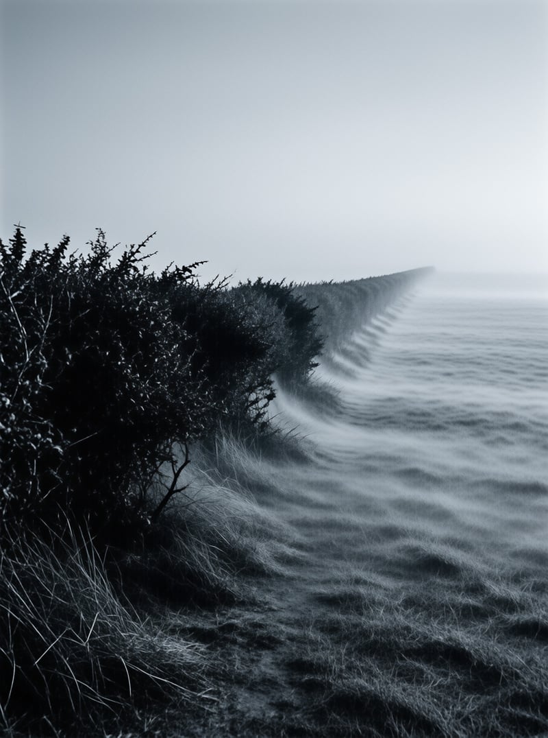 A dark hedgerow and rippling dune grass recede toward a calm grey sea wrapped in soft fog
