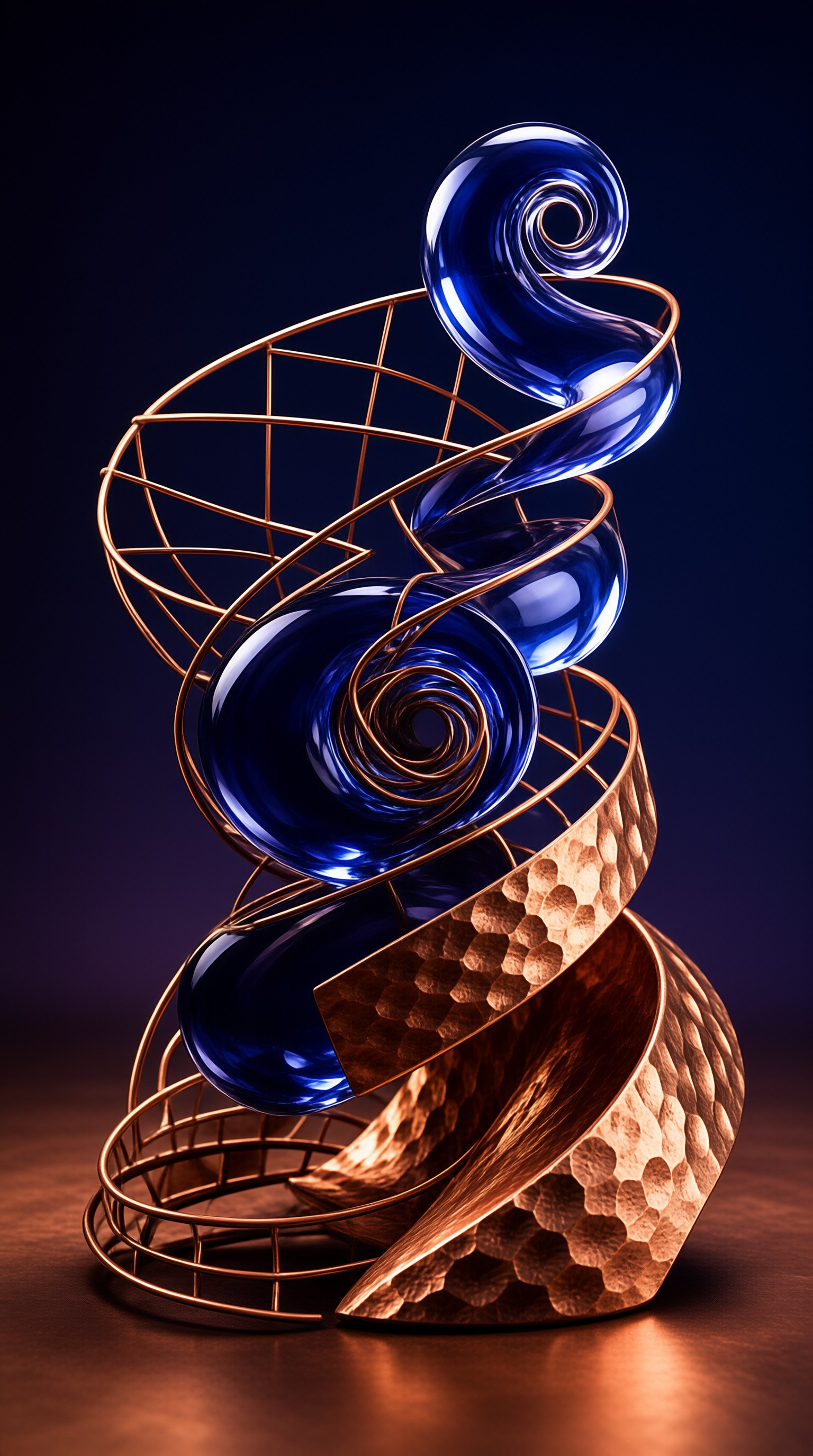 Shiny blue glass spiral weaving through copper wire structure with hammered metal base on dark surface.