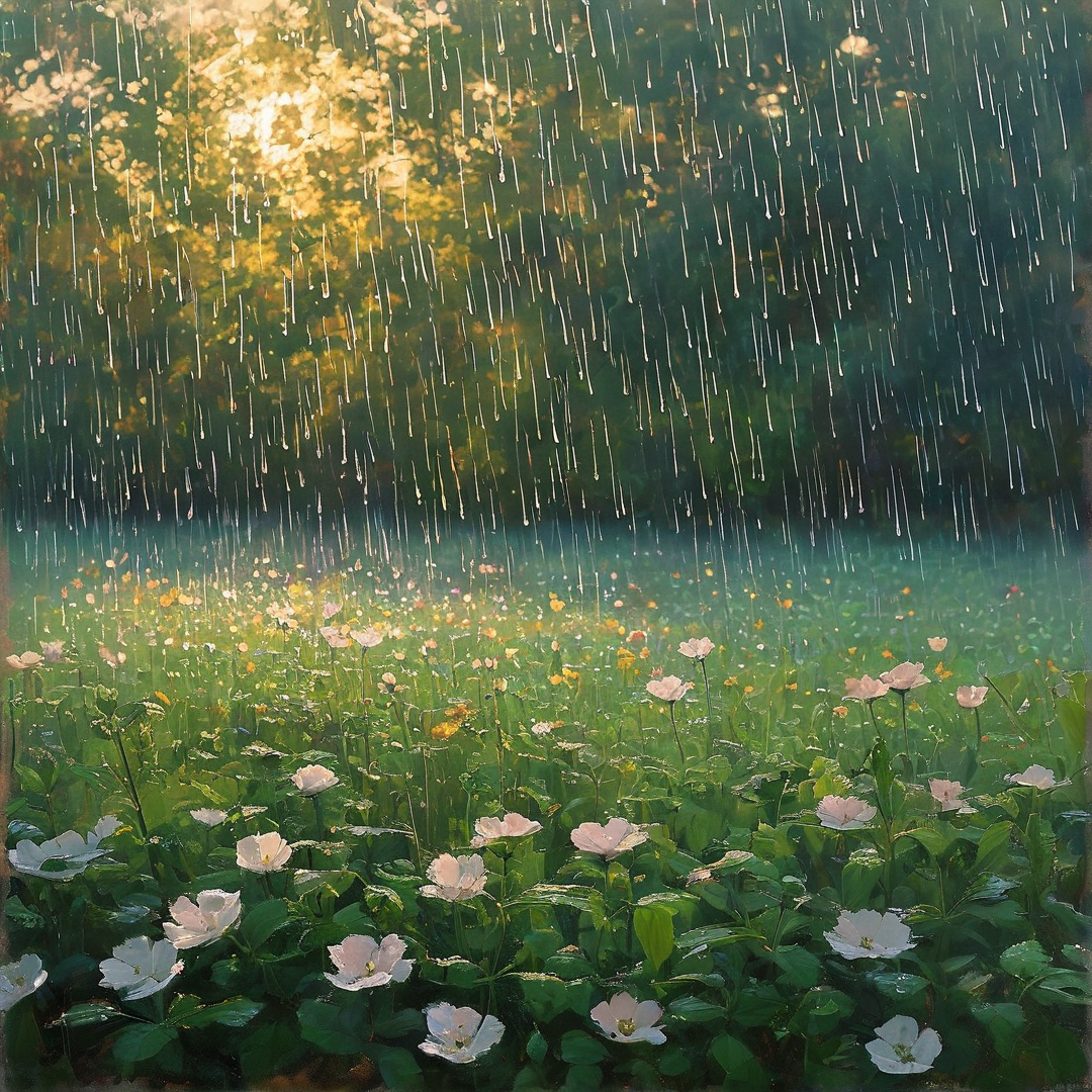 Sunlit Rain on Flowers