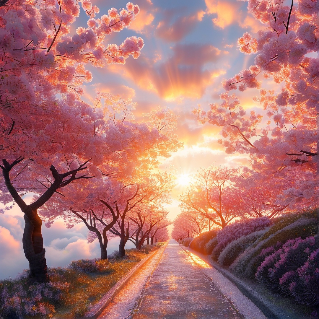 Cherry Blossom Path at Sunset